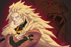 Rule 34 | 1boy, aqua eyes, beard, blonde hair, dated, facial hair, fur trim, guilty gear, guilty gear xrd, hand on own chin, leo whitefang, lion, long hair, looking at viewer, male focus, manly, no eyebrows, parted lips, smile, solo, twitter username, zaki (narashigeo)