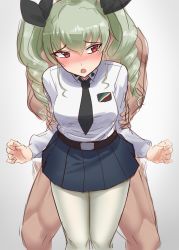 Rule 34 | 1boy, 1girl, anchovy (girls und panzer), anzio school uniform, arm grab, arm held back, blush, breasts, clothed female nude male, darkside ochinpo burst, drill hair, girls und panzer, green hair, hair ornament, hair ribbon, highres, implied sex, long hair, medium breasts, nude, open mouth, pantyhose, red eyes, ribbon, school uniform, sex, sex from behind, simple background, skirt, standing, standing sex, twin drills, white background, white pantyhose