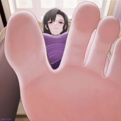 Rule 34 | 1girl, absurdres, barefoot, black hair, drt3t, feet, highres, long hair, looking at viewer, parted lips, pov, purple eyes, soles, toes
