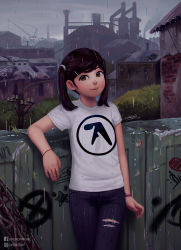 Rule 34 | 1girl, aphex twin, blue pants, bracelet, brown eyes, brown hair, child, chimney, cloud, cloudy sky, denim, factory, graffiti, hair ornament, hairpin, highres, idfer, jeans, jewelry, looking at viewer, no earrings, pants, piercing hole, pollution, power lines, print shirt, radio tower, rain, ruins, scenery, shirt, short sleeves, sky, smile, smokestack, torn clothes, torn jeans, torn pants, twintails, watch, wet, white shirt, wristband