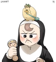 Rule 34 | 1girl, bag, bird, bottle cap, character doll, diva (hyxpk), doll, duck, duckling, frog headband, froggy nun (diva), highres, holding, holding doll, numbered, original, simple background, surprised, white background