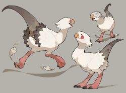 Rule 34 | age progression, animal focus, beak, bird, bul (moiko), chick, claws, covered eyes, dust cloud, eggshell, eggshell hat, feathers, from side, full body, grey background, highres, multiple views, no humans, open mouth, original, red eyes, running, scales, simple background, standing, tail