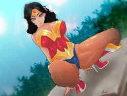 Rule 34 | arm support, bare shoulders, black hair, blue eyes, boots, breasts, cameltoe, caooll, choker, cleavage, dc comics, fishnet pantyhose, fishnets, high heel boots, high heels, highres, knee boots, large breasts, leotard, looking at viewer, pantyhose, squatting, tiara, wonder woman, wonder woman (series)