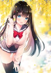Rule 34 | 1girl, :o, artist name, ayamy, black hair, black skirt, black thighhighs, blue eyes, blue sailor collar, blunt bangs, blurry, blurry background, bow, bowtie, branch, breasts, collarbone, collared shirt, commentary request, earrings, fang, flower, ginkgo leaf, hair between eyes, hair ornament, hand on leg, hand on own thigh, hand up, highres, jewelry, large breasts, leaf, leaning forward, long hair, long sleeves, looking at viewer, miniskirt, open mouth, original, pleated skirt, red bow, red bowtie, sailor collar, school uniform, shirt, sidelocks, skirt, sleeves past wrists, solo, standing, sweater, tareme, thigh gap, thighhighs, very long hair, white shirt, white sweater, x hair ornament, zettai ryouiki