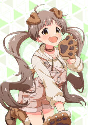 Rule 34 | 1girl, :d, ahoge, animal collar, animal ears, animal hands, arched back, arm support, blush, breasts, brown footwear, brown hair, brown leg warmers, collar, collarbone, commentary request, dog ears, dog paws, drawstring, fake animal ears, fur-trimmed gloves, fur-trimmed legwear, fur-trimmed sleeves, fur trim, gloves, goma konbu, hakozaki serika, hand on ground, hand up, highres, hood, hood down, hoodie, idolmaster, idolmaster million live!, kneeling, leg warmers, lone nape hair, long hair, looking at viewer, looking to the side, multicolored background, official style, open mouth, orange eyes, overall shorts, overalls, paw gloves, paw print, paw print pattern, pink overalls, raised eyebrows, red collar, sleeves past elbows, small breasts, smile, solo, swept bangs, three quarter view, triangle background, twintails, very long hair, yellow hoodie