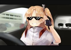 Rule 34 | 1girl, azur lane, black gloves, blonde hair, capelet, car interior, cleveland (azur lane), deal with it (meme), fingerless gloves, gloves, grin, meme, one side up, parted bangs, photo-referenced, salute, smile, solo, sukemyon, sunglasses, syamu game, teeth