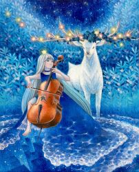 Rule 34 | 1girl, antlers, barefoot, blue choker, blue dress, blue eyes, bow (music), cello, choker, commentary request, crown, deer, dress, grey hair, highres, horns, instrument, long hair, music, oil painting (medium), original, painting (medium), playing instrument, ringodrawing, sitting, smile, solo, surreal, traditional media, very long hair, water dress