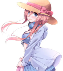 Rule 34 | 1girl, :d, bikini, bikini top only, bikini under clothes, blue bikini, blue eyes, blue jacket, blue ribbon, blue skirt, blush, bow, breasts, brown hat, cleavage, eyes visible through hair, from side, front-tie bikini top, front-tie top, go-toubun no hanayome, hairband, hat, hat bow, headphones, headphones around neck, hood, hooded jacket, innertube, jacket, long hair, long sleeves, looking at viewer, looking to the side, medium breasts, nakano miku, open mouth, pink bow, pink hair, ribbon, sidelocks, simple background, skirt, smile, solo, sun hat, swim ring, swimsuit, tareme, wari (nirodo26), white background