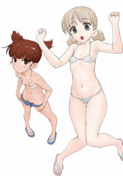 Rule 34 | 2girls, aki (girls und panzer), bikini, bikini shorts, blue footwear, blunt bangs, breasts, closed mouth, clothes pull, commentary, girls und panzer, green eyes, groin, hair tie, highres, light brown hair, looking at viewer, low twintails, micro bikini, micro shorts, mikko (girls und panzer), multiple girls, navel, open fly, open mouth, pink footwear, red eyes, red hair, sandals, short hair, short twintails, shorts, shorts pull, simple background, skindentation, small breasts, standing, string bikini, swimsuit, thigh gap, twintails, w arms, wata do chinkuru, white background, white bikini