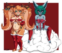 Rule 34 | 2girls, animal ears, breasts, captainshadow, christmas, christmas ornaments, furry, furry female, green hair, highres, large breasts, league of legends, long hair, multiple girls, poppy (league of legends), simple background, snow fawn poppy, twintails, twitter username, vex (league of legends), yordle