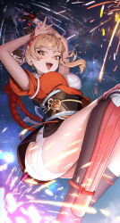Rule 34 | 1girl, :d, absurdres, arms up, bandaged arm, bandaged leg, bandages, black thighhighs, blonde hair, commentary request, ear piercing, feet out of frame, fingerless gloves, fireworks, genshin impact, gloves, hadanugi dousa, highres, japanese clothes, kimono, looking at viewer, medium hair, night, obi, open kimono, open mouth, orange eyes, orange kimono, orange nails, piercing, sarashi, sash, shin guards, single fingerless glove, smile, solo, thighhighs, vision (genshin impact), w, yoimiya (genshin impact), zlan