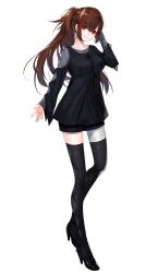 Rule 34 | 1girl, bandages, breasts, brown hair, collarbone, commentary request, full body, high heels, highres, large breasts, long hair, long sleeves, looking at viewer, original, ponytail, red eyes, shirt, shorts, simple background, smile, solo, standing, thighhighs, waka (shark waka), white background