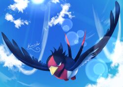 Rule 34 | absurdres, animal focus, bird, cloud, commentary request, creatures (company), day, flying, full body, game freak, gen 3 pokemon, highres, kaichi (tomiyu25), nintendo, no humans, outdoors, pokemon, pokemon (creature), signature, sky, solo, swellow
