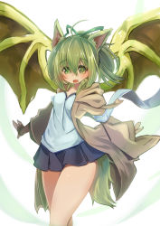 Rule 34 | 1girl, absurdres, animal ears, blush, breasts, duel monster, familiar-possessed - wynn, fingerless gloves, gloves, green eyes, green hair, hair ornament, highres, jacket, long hair, looking at viewer, medium breasts, open mouth, pleated skirt, ponytail, ribbon, skirt, smile, solo, tail, wide sleeves, wings, wynn (yu-gi-oh!), wynn the wind charmer, yaibaken, yu-gi-oh!