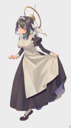Rule 34 | 1girl, absurdres, alternate costume, apron, black dress, black footwear, black hair, blue bow, blush, bow, breasts, closed eyes, collared dress, commentary, dress, enmaided, eyebrows hidden by hair, frilled apron, frills, grey background, hair between eyes, hair intakes, highres, hololive, hololive english, juliet sleeves, long sleeves, maid, maid apron, maid headdress, may.l, medium breasts, nail polish, ouro kronii, pantyhose, puffy sleeves, purple nails, shoes, sidelocks, simple background, solo, standing, standing on one leg, tiptoes, virtual youtuber, white apron, white pantyhose