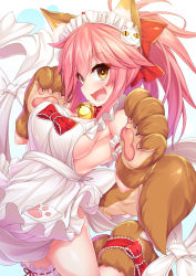 Rule 34 | 10s, 1girl, absurdres, animal ears, animal hands, apron, bell, blush, breasts, cleavage, collar, fate/extra, fate/grand order, fate (series), fox ears, fox tail, hair ribbon, highres, large breasts, long hair, looking at viewer, maid headdress, naked apron, neck bell, no panties, open mouth, pink hair, ribbon, sideboob, solo, tail, tamamo (fate), tamamo cat (fate), tamamo cat (third ascension) (fate), tamamo no mae (fate/extra), wakagi repa, yellow eyes