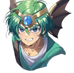 Rule 34 | 1boy, absurdres, blue eyes, blue gemstone, clenched teeth, collarbone, cropped torso, dragon quest, dragon quest iv, ear piercing, earrings, fins, gem, gold helmet, green hair, green tunic, hair between eyes, head fins, helmet, hero (dq4), highres, jewelry, layered clothes, male focus, piercing, shirt, single earring, solo, sweat, sweatdrop, teeth, thick eyebrows, tunic, undershirt, upper body, white shirt, yasaikakiage