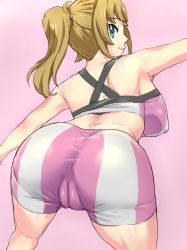 Rule 34 | 10s, 1girl, ass, back, bare shoulders, bent over, bike shorts, blue eyes, breasts, brown hair, cameltoe, covered erect nipples, from behind, gundam, gundam build fighters, gundam build fighters try, hoshino fumina, huge ass, konron, large breasts, leaning, leaning forward, long hair, looking back, ponytail, scrunchie, shiny clothes, shiny skin, sideboob, smile, solo, sports bra