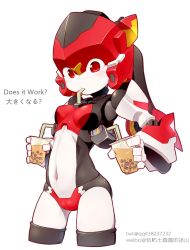 Rule 34 | 1girl, big firebird toys, bingshan, breasts, bubble tea, bubble tea challenge, english text, highres, humanoid robot, looking down, magic henshin, navel, official art, red eyes, robot, scarlet sonic, second-party source, small breasts, solo, you&#039;re doing it wrong