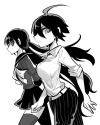 2girls ahoge belt breasts collared_shirt commentary_request danganronpa_(series) danganronpa_v3:_killing_harmony dress_shirt from_side genderswap genderswap_(mtf) greyscale hair_ornament hair_scrunchie harukawa_maki large_breasts long_hair low_twintails mako_gai miniskirt mole mole_under_eye monochrome multiple_girls pants pleated_skirt saihara_shuichi sailor_collar school_uniform scrunchie serafuku shirt skirt sleeves_pushed_up striped_clothes striped_pants thighhighs twintails zettai_ryouiki