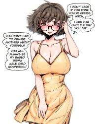 Rule 34 | 1girl, :d, ahoge, aki (snale), bare arms, bare shoulders, blush, breasts, brown eyes, brown hair, cleavage, collarbone, cowboy shot, curvy, dress, english text, facing viewer, glasses, hand up, highres, large breasts, looking at viewer, meme, open mouth, original, shiny skin, short hair, sigma grindset (meme), simple background, smile, snale, solo, standing, sundress, white background, yellow dress