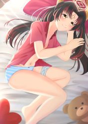 Rule 34 | 1girl, absurdres, ass, bandages, bed, bed sheet, belly, black hair, blush, breasts, commission, feet, feet out of frame, flat chest, halo, heart, highres, horns, idol corp, knees, light rays, lily sin, long hair, looking at viewer, multicolored hair, navel, nose, open clothes, open shirt, panties, pillow, ribbon, shirt, small breasts, smile, striped clothes, striped panties, stuffed animal, stuffed toy, sunbeam, sunlight, teddy bear, thighs, underwear, virtual youtuber