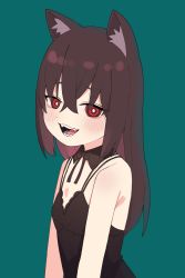 Rule 34 | 1girl, animal ear fluff, animal ears, bare shoulders, blush, breasts, brown hair, cat ears, chemise, crossed bangs, detached sleeves, fangs, green background, group sex, highres, kamo (kamonabe 44), long hair, looking at viewer, open mouth, original, red eyes, ringed eyes, simple background, small breasts, smile, solo, teeth, tongue, upper body, white fur