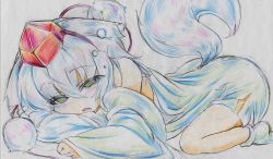 Rule 34 | 1girl, animal ears, bad id, bad pixiv id, bare shoulders, blush, colored pencil (medium), detached sleeves, hat, highres, inubashiri momiji, kitazinger, lying, on stomach, open mouth, short hair, silver hair, sleeping, sleepy, solo, tail, tokin hat, touhou, traditional media, wolf ears, wolf tail