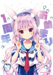 Rule 34 | 1girl, ahoge, animal ear fluff, animal ears, arms up, artist name, hair ornament, hairclip, hat, highres, index finger raised, long hair, low twintails, nanamomo rio, one-piece swimsuit, pink eyes, pink hair, rabbit ears, school swimsuit, school uniform, see-through, serafuku, shirt, smile, solo, swimsuit, tomari mari, tomari mari channel, twintails, upper body, v, very long hair, virtual youtuber, water, wet, wet clothes, wet shirt, white hat, white shirt