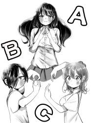 1boy 2girls ao_tanuki boku_no_kokoro_no_yabai_yatsu collared_shirt greyscale hands_up highres ichikawa_kyoutarou long_hair looking_at_viewer monochrome multiple_girls sekine_moeko shirt short_hair yamada_anna