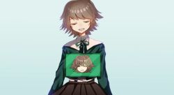 Rule 34 | 1boy, alter ego, brown hair, brown skirt, closed eyes, commentary, cowboy shot, danganronpa: trigger happy havoc, danganronpa (series), fujisaki chihiro, green jacket, green ribbon, happy, highres, jacket, long sleeves, looking at viewer, male focus, mdr (mdrmdr1003), neck ribbon, open mouth, ribbon, school uniform, shirt, short hair, simple background, skirt, smile, symbol-only commentary, trap