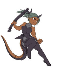 Rule 34 | 00s, 1girl, armor, basilisk, blue hair, boots, breasts, club, club (weapon), crybringer, dark-skinned female, dark skin, demon mages, faulds, horns, kanabou, lizard tail, monster girl, ponytail, red eyes, single horn, sleeveless, sleeveless turtleneck, solo, spiked club, tail, thigh boots, thighhighs, toned, turtleneck, weapon, ziggy kakziga