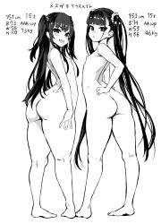 Rule 34 | 2girls, absurdres, armpits, asanagi, ass, blunt bangs, blush, breasts, greyscale, highres, long hair, monochrome, multiple girls, nipples, nude, simple background, tagme, thighs, twintails, very long hair, white background, wide hips