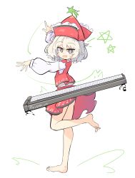 Rule 34 | 1girl, :d, bare legs, barefoot, full body, grey eyes, hat, highres, instrument, keyboard (instrument), long sleeves, looking at viewer, lyrica prismriver, musical note, musical note print, open mouth, primsla, red hat, red skirt, red vest, shirt, shooting star hat ornament, short hair, simple background, skirt, skirt set, smile, star (symbol), toes, touhou, vest, white background, white hair, white shirt