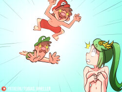 Rule 34 | 1girl, 2boys, breasts, covering breasts, covering privates, green hair, highres, kid icarus, large breasts, long hair, luigi, mario, multiple boys, navel, nintendo, palutena, skindentation, tobias wheller, topless