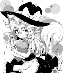 Rule 34 | 1girl, :o, acorn, animal ears, apron, blush, commentary, coreytaiyo, crescent, crescent hair ornament, dress, greyscale, hair ornament, hat, highres, kemonomimi mode, kirisame marisa, long hair, looking at viewer, monochrome, hugging object, puffy short sleeves, puffy sleeves, short sleeves, solo, sparkle, squirrel ears, squirrel tail, tail, touhou, turtleneck, twitter username, waist apron, witch hat
