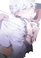 Rule 34 | blue eyes, charles-henri sanson (fate), cuffs, fate/grand order, fate (series), hand on another&#039;s head, handcuffs, highres, leash, leash pull, male focus, seiya ingen, shirt, simple background, solo, solo focus, white background, white hair, white shirt