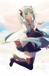 Rule 34 | 1girl, aqua eyes, aqua hair, aqua necktie, asagi jin, black footwear, black skirt, black sleeves, boots, cherry blossoms, cloud, collared shirt, commentary request, cupping hand, day, detached sleeves, floating, full body, grey shirt, grin, hand up, hatsune miku, highres, legs together, long hair, looking at viewer, necktie, pleated skirt, shirt, skirt, sleeveless, sleeveless shirt, smile, solo, sunlight, thigh boots, thighhighs, very long hair, vocaloid, wide sleeves, zettai ryouiki