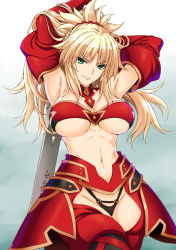 Rule 34 | aged up, alternate breast size, armor, armpits, bandeau, blonde hair, braid, breasts, fate/grand order, fate (series), faulds, french braid, green eyes, hair ornament, hair scrunchie, highres, holding, holding sword, holding weapon, isse, large breasts, mordred (fate), navel, red scrunchie, red thighhighs, scrunchie, shrug (clothing), solo, sword, thighhighs, thong, underboob, underwear, weapon