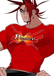 Rule 34 | 1boy, bara, brown hair, buster shirt, covered abs, cowboy shot, fate/grand order, fate (series), frown, hair over one eye, highres, large pectorals, long hair, looking at viewer, male focus, midriff peek, muscular, muscular male, pectorals, shiba ten, shirt, solo, spiked hair, tanaka shinbei (fate), thick eyebrows, tight clothes, tight shirt