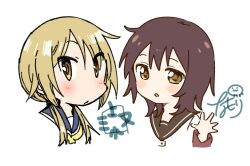 2girls black_sailor_collar blonde_hair blue_sailor_collar brown_hair funami_yui highres ichii_yui low_twintails mikami_komata multiple_girls namori portrait sailor_collar school_uniform serafuku signature twintails waving yuru_yuri yuyushiki