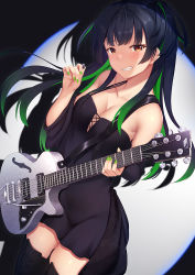 Rule 34 | 1girl, bare shoulders, black dress, black hair, black thighhighs, blunt bangs, blush, breasts, brown eyes, cleavage, commentary request, detached sleeves, dress, electric guitar, gibson les paul, green nails, guitar, holding, holding instrument, holding plectrum, idolmaster, idolmaster shiny colors, instrument, long hair, looking at viewer, mayuzumi fuyuko, medium breasts, momo no kanzume, nail polish, parted lips, plectrum, smile, solo, thighhighs, two side up