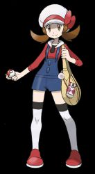 Rule 34 | 00s, 1girl, absurdres, bag, black background, blouse, brown eyes, brown hair, collared shirt, creatures (company), female focus, full body, game freak, hat, highres, holding, holding poke ball, legs apart, lyra (pokemon), nintendo, official art, overalls, poke ball, pokegear, pokemon, pokemon hgss, pom pom (clothes), red shirt, shirt, shorts, shoulder bag, simple background, solo, sugimori ken, thighhighs, twintails, vector trace, white hat, white thighhighs