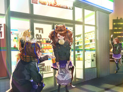 Rule 34 | 4girls, animal ears, bag, baozi, black coat, blonde hair, blue eyes, blue hair, blush, brown footwear, buttons, can, coat, colored inner hair, commentary request, convenience store, daitaku helios (umamusume), double-breasted, ear covers, ear ornament, food, food in mouth, full body, gold city (umamusume), hair between eyes, hand in pocket, highres, holding, holding bag, holding can, horse ears, horse girl, horse tail, loafers, long sleeves, mejiro palmer (umamusume), multicolored hair, multiple girls, no uwazumi, open mouth, outdoors, pleated skirt, pointy ears, purple serafuku, purple skirt, purple thighhighs, school uniform, serafuku, shoes, shop, shoulder bag, skirt, smile, streaked hair, tail, thighhighs, tosen jordan (umamusume), tracen winter coat, twintails, umamusume, visible air, white hair, winter clothes, winter coat, yellow eyes