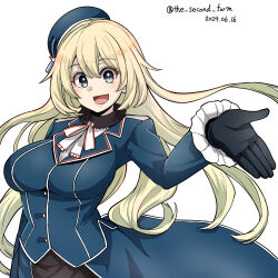 Rule 34 | 1girl, atago (kancolle), beret, black gloves, blonde hair, blue hat, blue jacket, blue skirt, breasts, dated, gloves, green eyes, hat, jacket, kantai collection, large breasts, long hair, military uniform, one-hour drawing challenge, skirt, smile, solo, the second form, twitter username, uniform, upper body