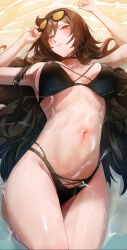 Rule 34 | 1girl, absurdres, armpits, arms up, bare shoulders, bikini, black bikini, blush, breasts, brown hair, check copyright, copyright request, eyewear on head, highres, large breasts, lying, navel, on back, original, outdoors, parted lips, partially submerged, red eyes, rororo, solo, stomach, sunglasses, swimsuit, thighs, water, wet