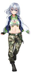Rule 34 | 1girl, blue eyes, boots, camouflage, camouflage pants, chojo: crypto girls arena, full body, grey hair, jacket, navel, official art, open clothes, open jacket, pants, seragi reika, smile, solo, transparent background
