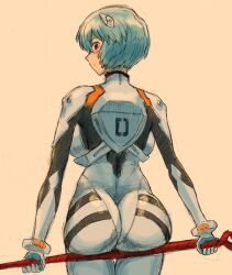 Rule 34 | 1girl, ass support, ayanami rei, bident, blue hair, blush, bodysuit, breasts, gussuripii, hairpods, highres, looking at viewer, looking back, medium breasts, neon genesis evangelion, pilot suit, plugsuit, polearm, red eyes, short hair, simple background, solo, standing, traditional media, weapon, white bodysuit