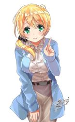 Rule 34 | 1girl, belt, bent over, blonde hair, breasts, cardigan, ellen baker, gleision adain, green eyes, hair ornament, hair scrunchie, large breasts, leaning forward, long skirt, looking at viewer, new horizon, ponytail, scrunchie, signature, simple background, skirt, smile, solo, white background