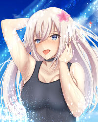 Rule 34 | 1girl, absurdres, aged up, alternate skin color, armpit crease, bare shoulders, blue eyes, blush, breasts, choker, collarbone, flower, hair flower, hair ornament, highres, houki (tonburi), kantai collection, large breasts, long hair, one-piece swimsuit, platinum blonde hair, ro-500 (kancolle), solo, swimsuit, tongue, tongue out